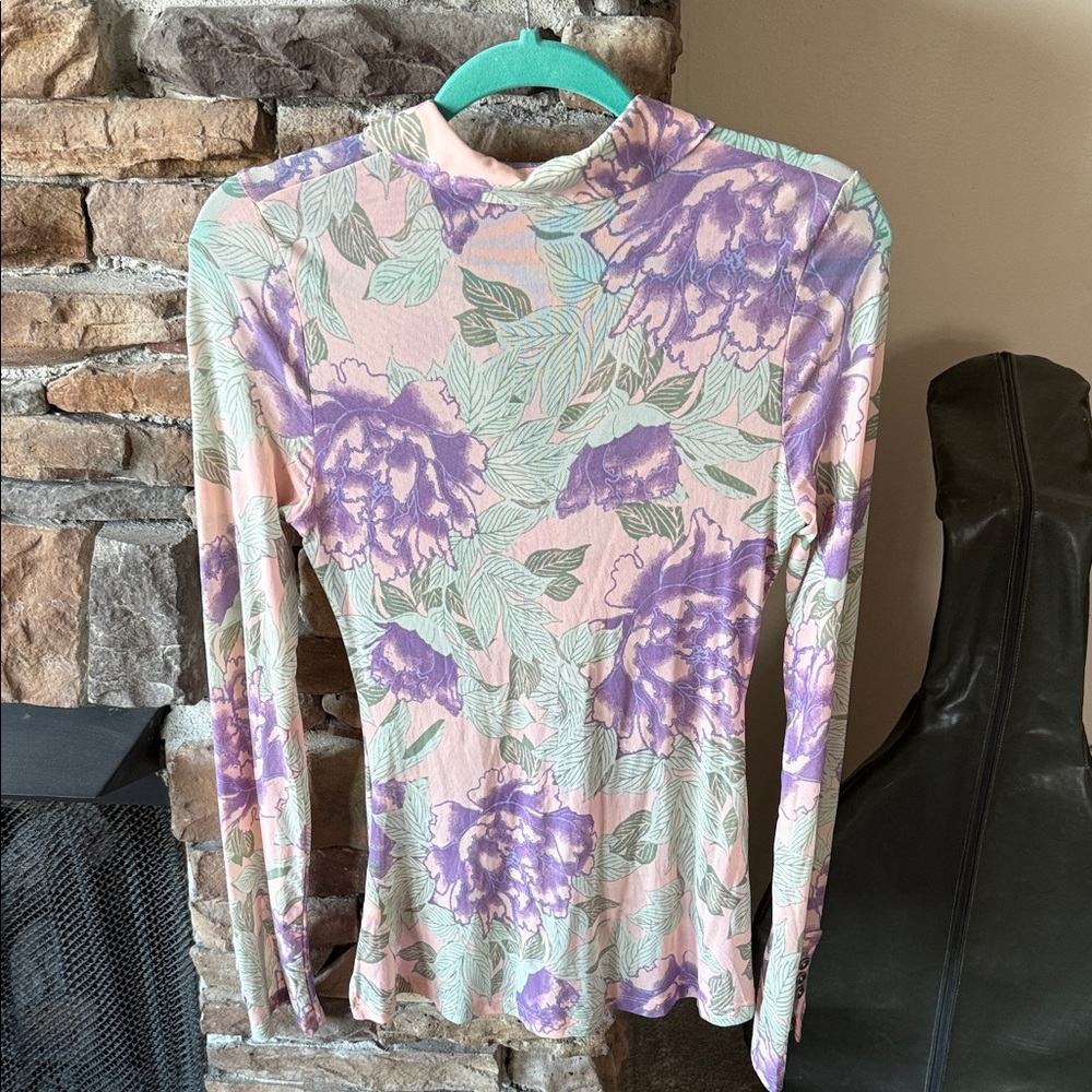 Free People Purple and Green Floral Ruched Blouse - Picture 3 of 8
